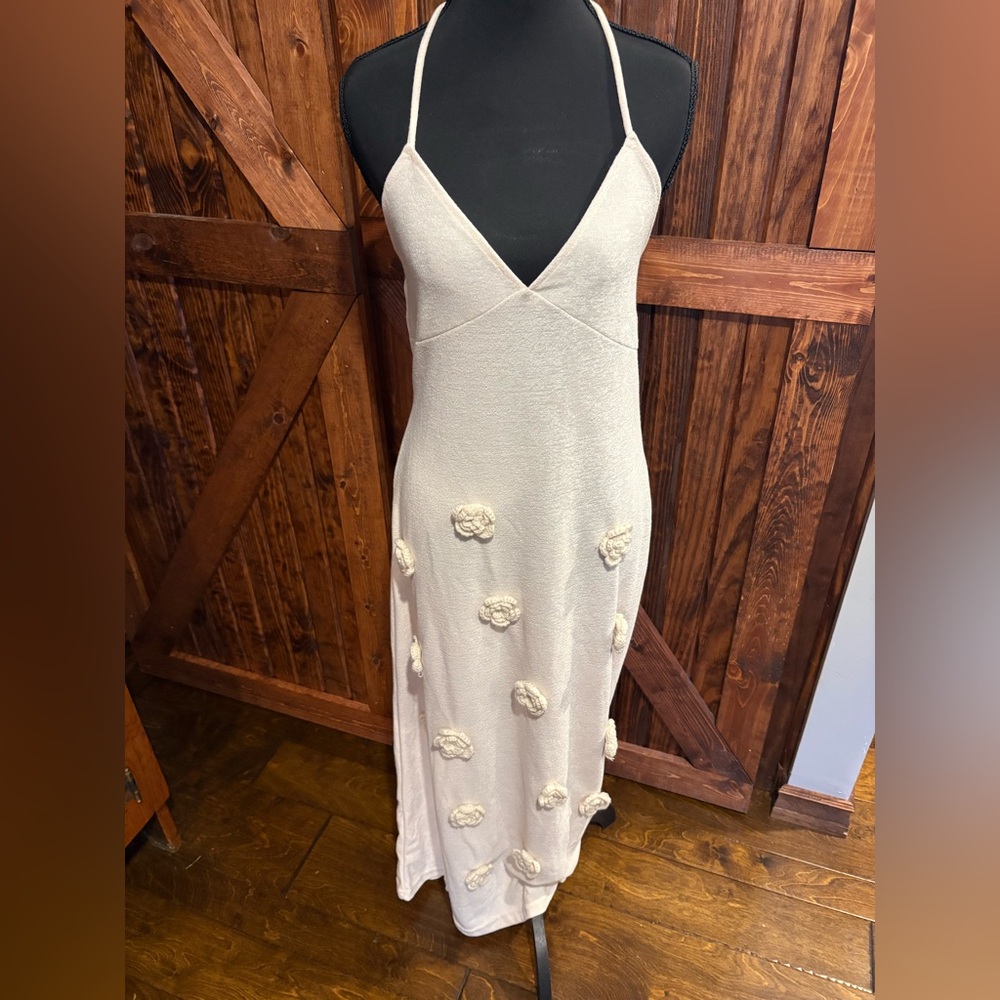 Ivory Floral Appliqué Halter Maxi Dress